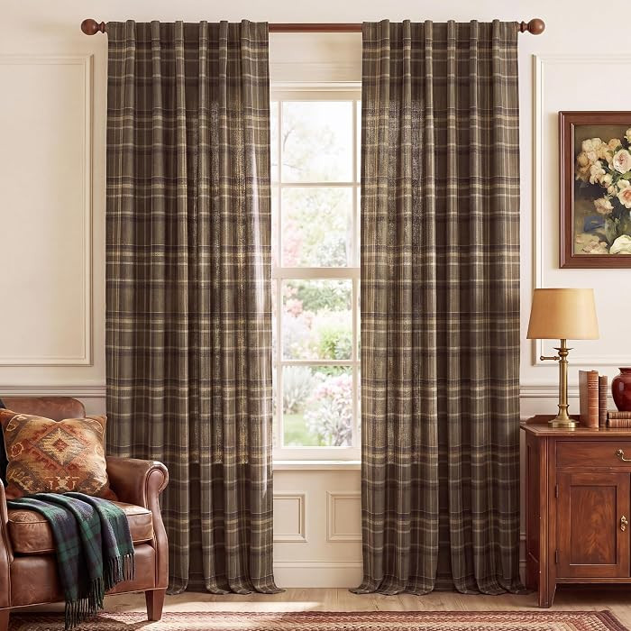 Linen Plaid Curtains Semi Sheer for Living Room, W52 x L96, 2 Panels | Amazon (US)