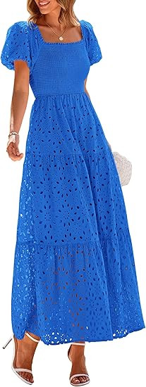 PRETTYGARDEN Summer Dresses for Women 2026 Eyelet Square Neck Puff Sleeve Smocked Wedding Guest M... | Amazon (US)