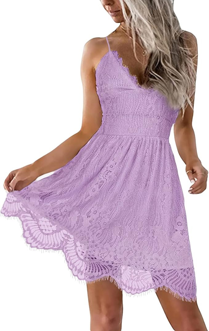 AOOKSMERY Women Summer V-Neck Spaghetti Straps Lace Backless Party Club Beach Mini Midi Dresses | Amazon (US)