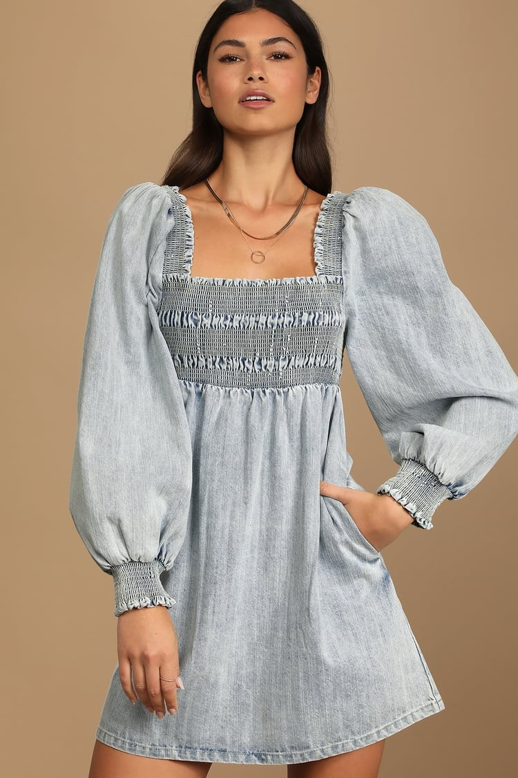 Beginning of the Trend Light Wash Denim Long Sleeve Mini Dress, Jean Dress, Denium Dress, Country Co | Lulus (US)