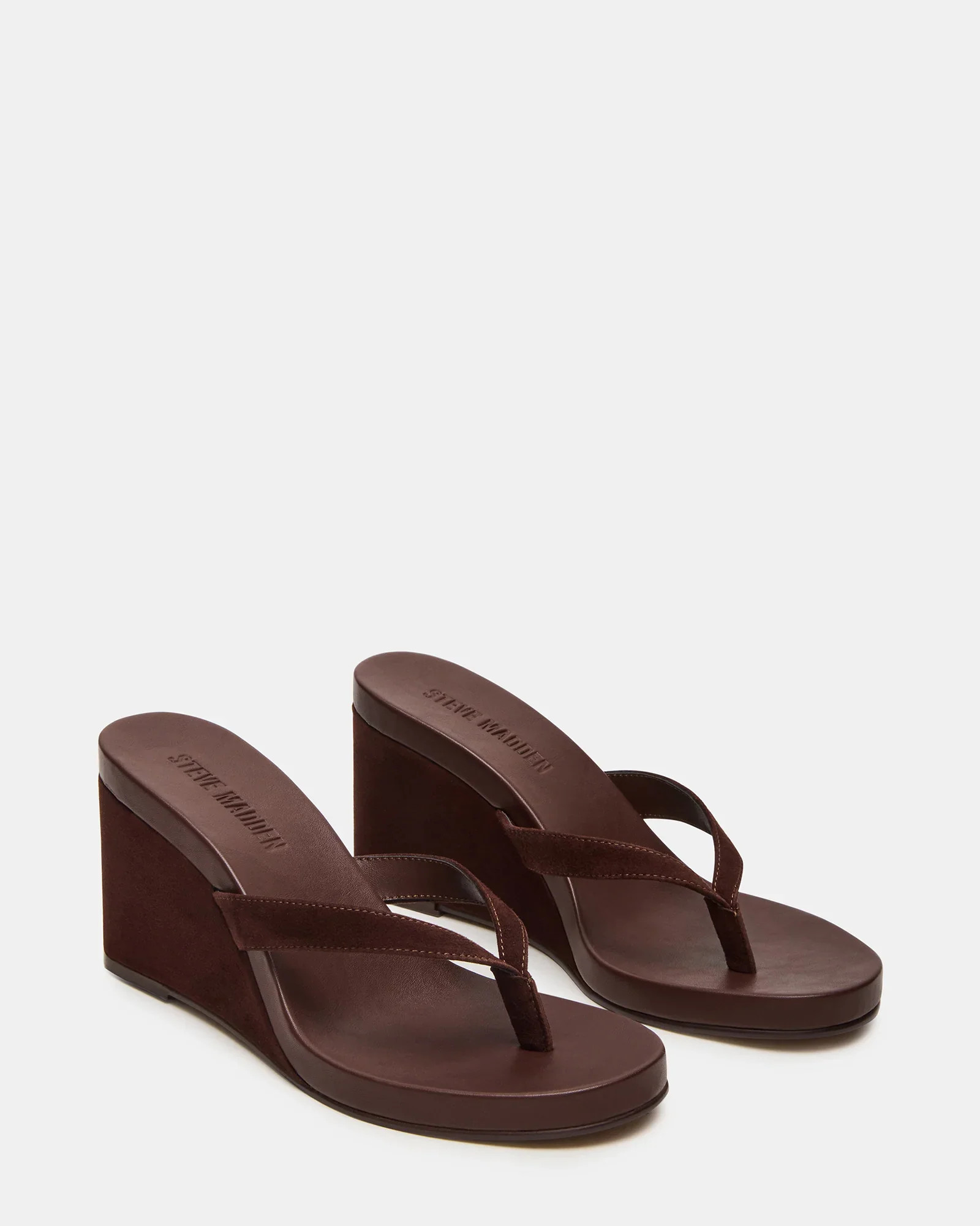 PLAYING Brown Suede Thong Strap Wedge Sandals | Women's Designer Sandals | Steve Madden (Canada)