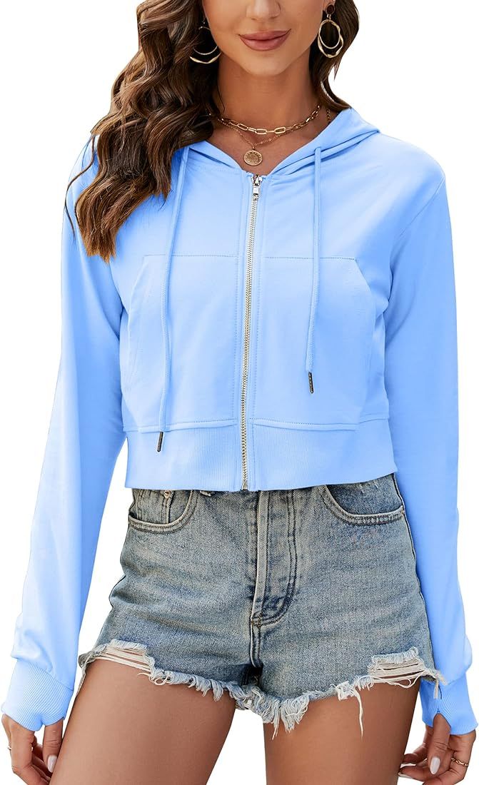 COZYPOIN Women's Zip Up Hoodies Cropped Casual Pocketed Cardigan Jacket Drawstring Hooded Sweatsh... | Amazon (US)