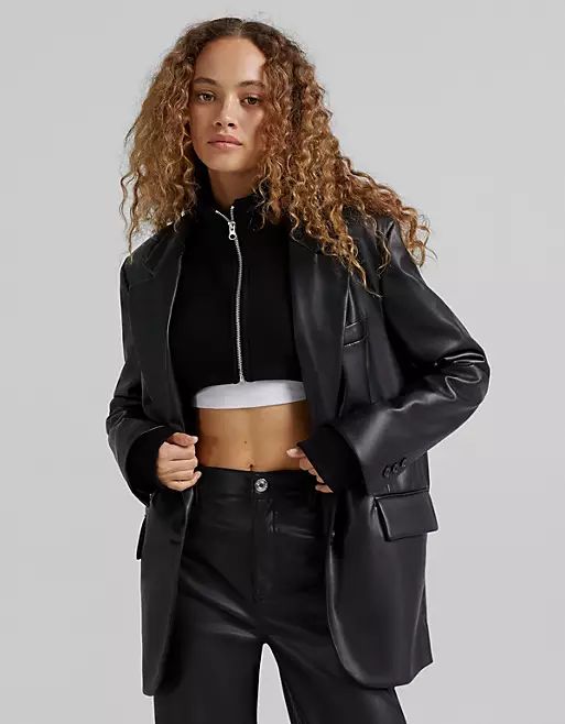 Bershka oversized faux leather blazer in black | ASOS (Global)