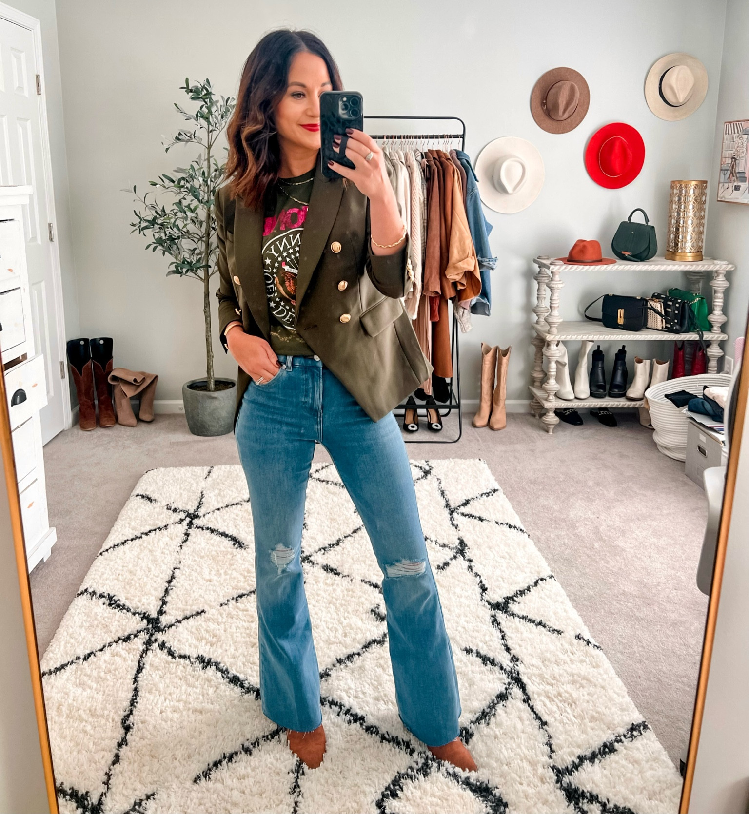 Styling a graphic tee with a blazer. Tone on tone outfit idea. Jean and blazer outfit idea. Distressed jeans and a blazer with boots. How to style a blazer and tee shirt. #ltkfind #blazeroutfit #anthropologie 

#LTKstyletip #LTKFind #LTKSeasonal