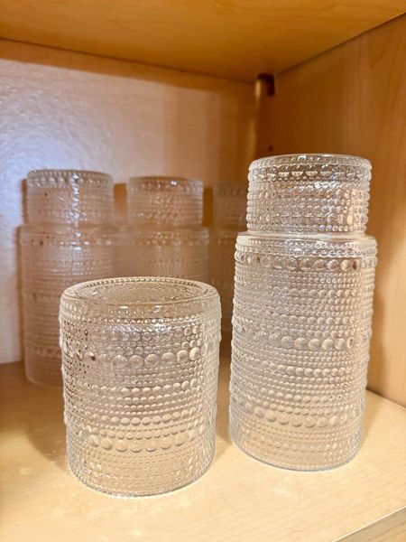Amazon large and small glasses! Affordable find! 
Fashionablylatemom 
Kate Aspen Clear Hobnail Beaded Drinking Glasses Set of 6, (10 Ounce) Vintage Glassware Set Cocktail Glass Set, Juice Glass, Water Cups Makes A Great Hostess Gift or Gift for New Home Owners
7 different colors in small glasses 
KEMORELA Elegant Highball Glassware Set - 16oz XL Glasses - Mixed Drinks, Iced Coffee, Beer, Juice, Water - Hobnail, Beaded Designs - Set of 4 | Stylish Collection for Any Occasion
2 different colors in big glasses 