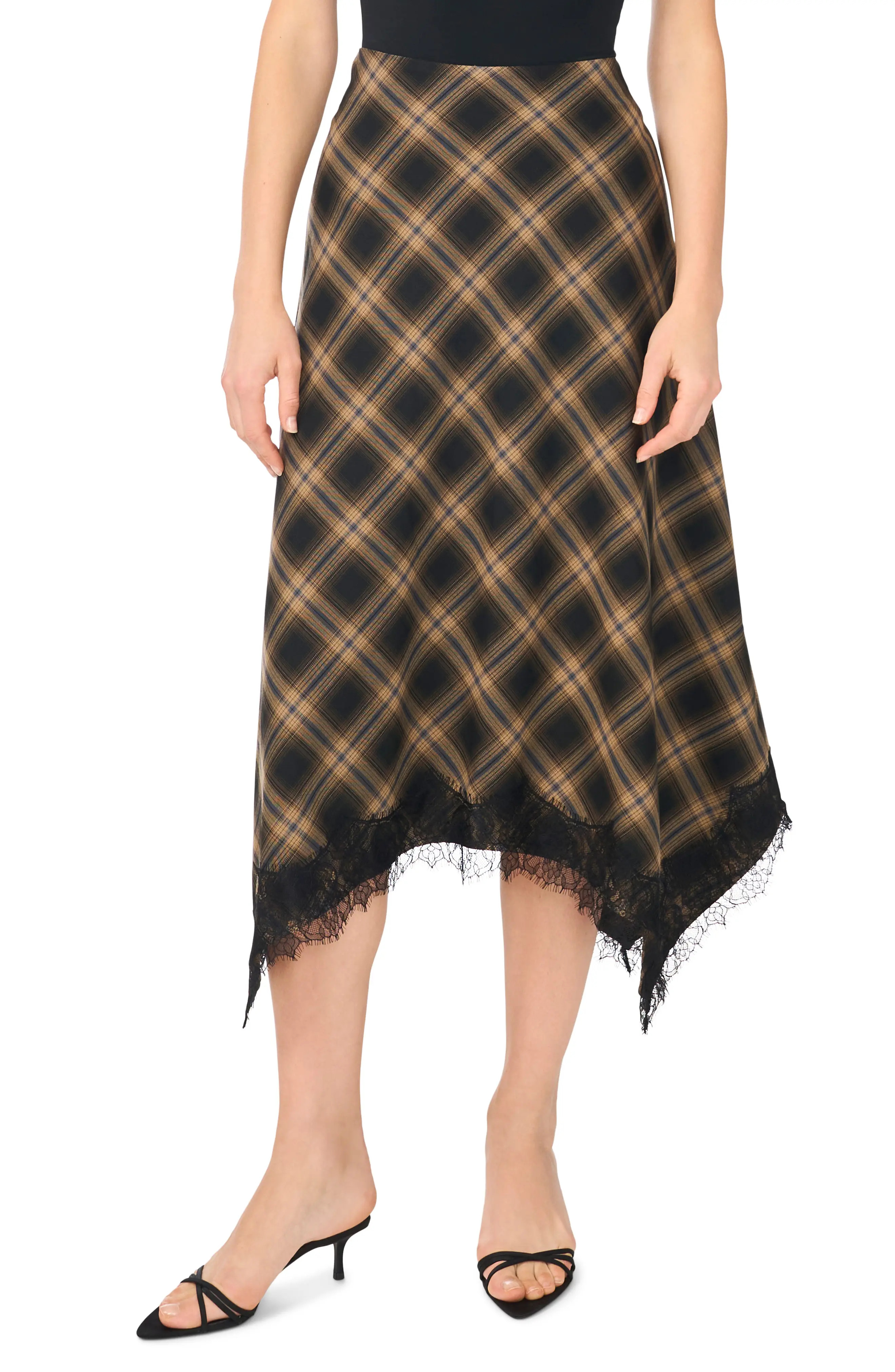 1.STATE Plaid Lace Trim Asymmetric Midi Skirt in Rich Black at Nordstrom Rack, Size 12 | Nordstrom Rack