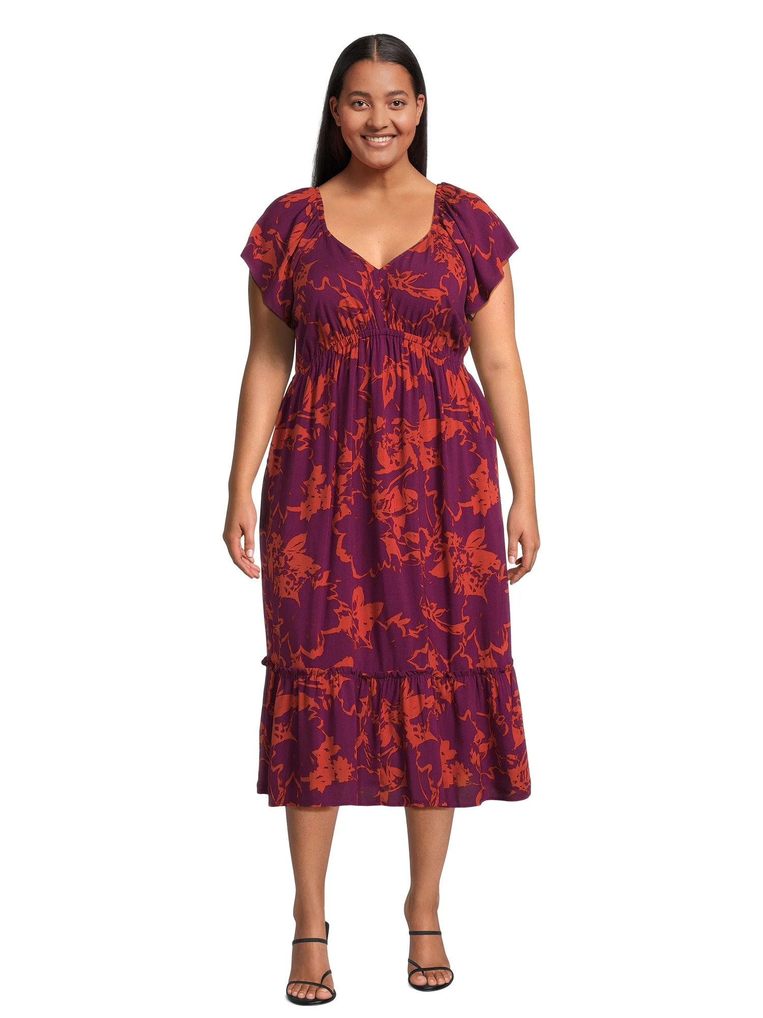 Terra & Sky Women's Plus Size Flutter Sleeve Midi Dress - Walmart.com | Walmart (US)
