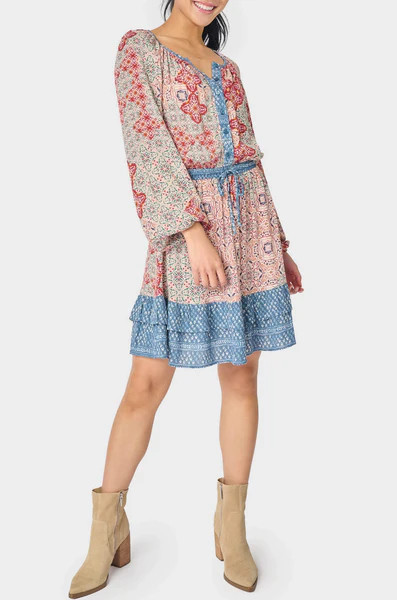 Boho Mixed Print Drawstring Ruffle Dress | Gibson