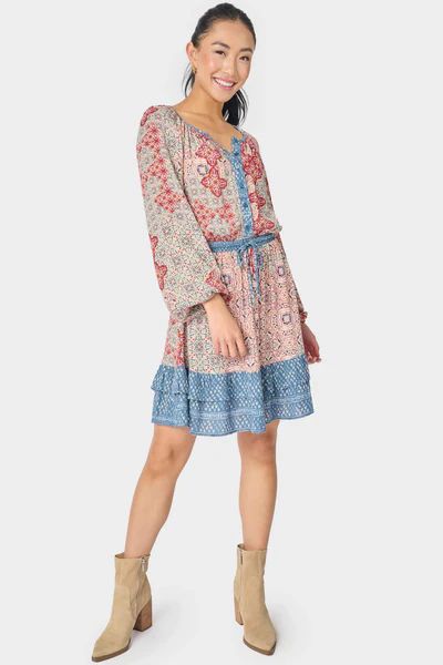 Boho Mixed Print Drawstring Ruffle Dress | Gibson