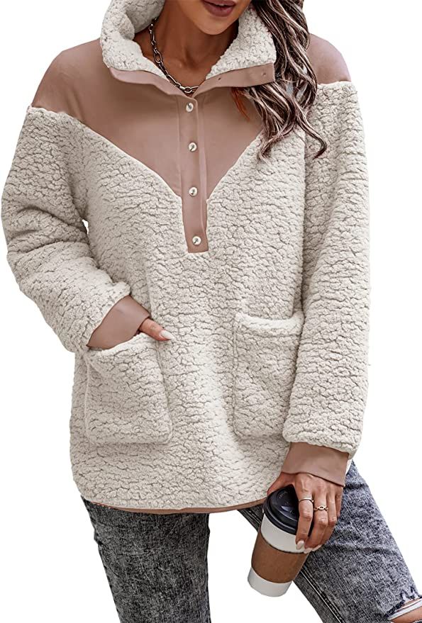 KIRUNDO Women’s Oversized Sherpa Pullover Button Collar Color Block Fuzzy Fleece Sweatshirt Coa... | Amazon (US)