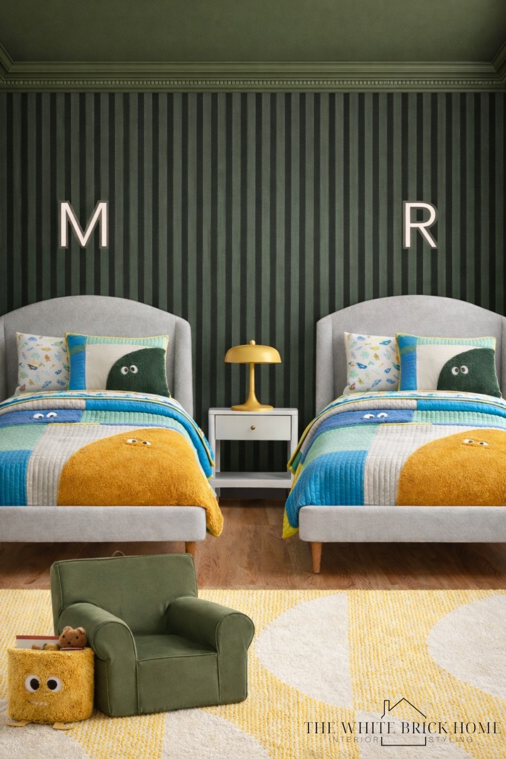 A playful yet polished shared kids bedroom where rich olive tones, tailored stripes, and cheerful color blocked bedding create a cozy, elevated space. 
🖤🖤
Kids room, kids bedroom, kids room, shared kids bedroom, shared bedroom, kids room bed, kids room bedding, kids room design, kids room rug, boys room bedding, boys room decor, shared boys room, shared kids bedroom, crate and kids bedroom furniture, monster bedroom, west elm monster bedroom, bedroom design, kids bedroom design, kids room, kids room decor, kids room lighting, kids room chair, toy storage, bedroom, pottery barn kids, west elm, crate and kids 


#LTKKids #LTKSaleAlert #LTKHome