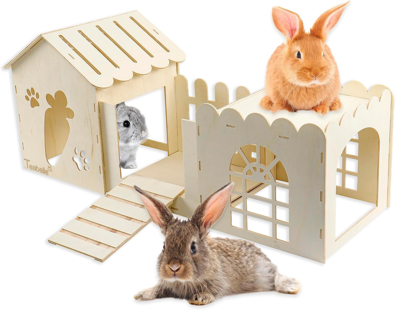 Large Rabbit Wooden Hideout House Multi-Chamber Small Animal Wooden Castle | Amazon (US)