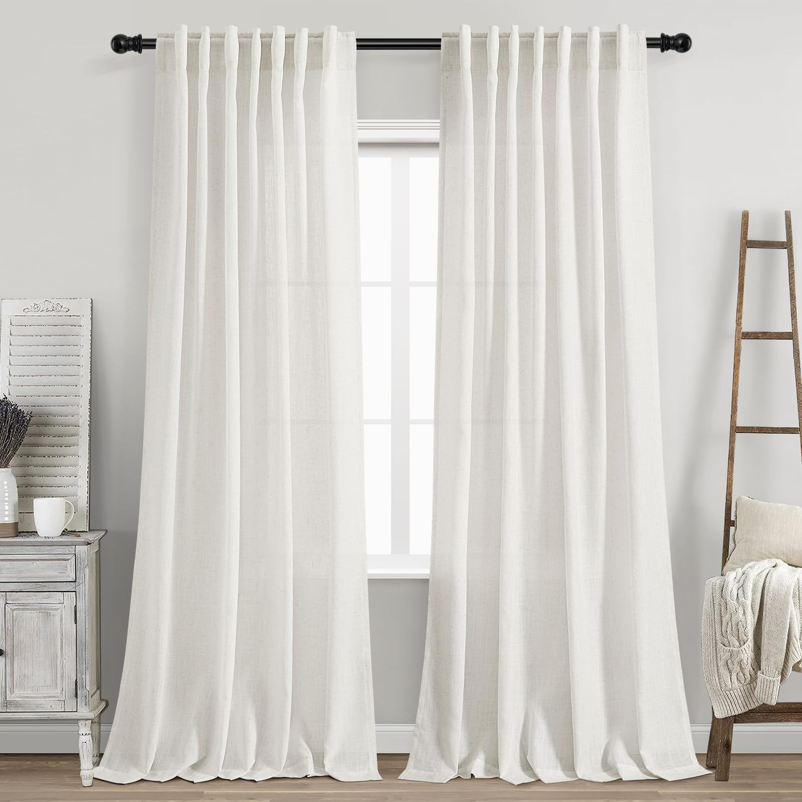 Nanspring Beige White Linen Curtains 84 Inch Length 2 Panels Set for Living Room Rod Pocket Back ... | Amazon (US)