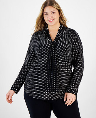 Plus Size Dot-Print Scarf-Neck Long-Sleeve Top | Macy's