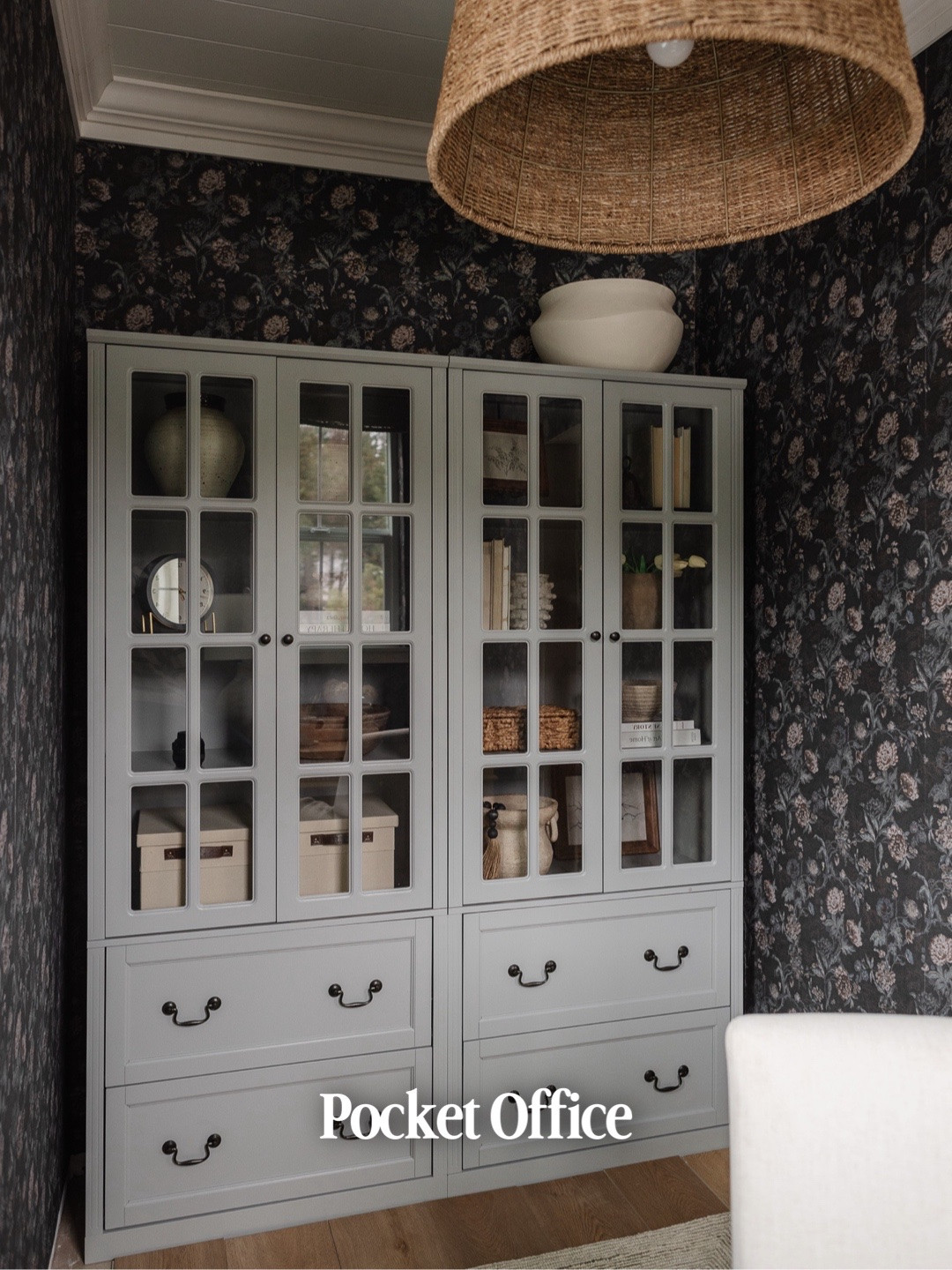 Excited to get back into my office more with back to school soon!

Pocket office, office inspo, office cabinet, glass cabinet, floral wallpaper, moody office, rattan light, blue cabinets, Wayfair