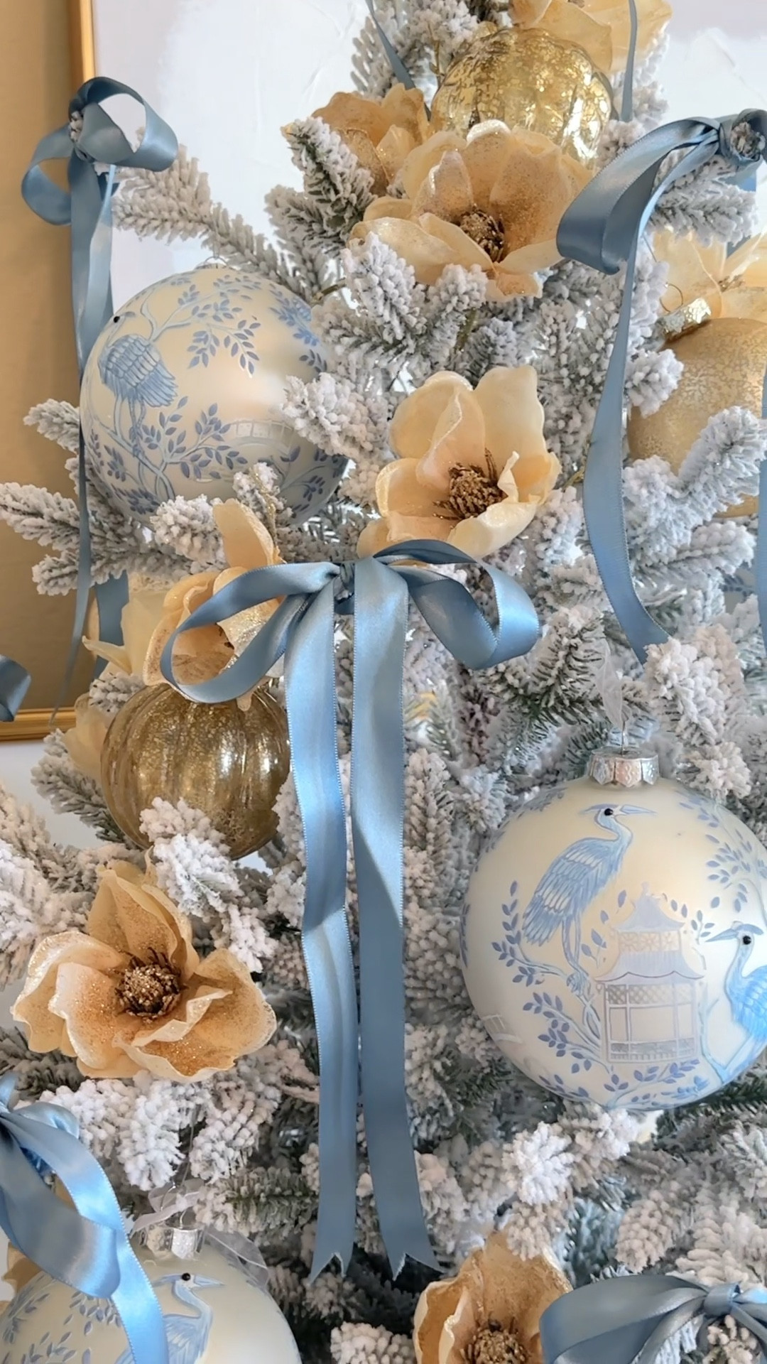 Tabletop Christmas tree, chinoiserie ornament dusty blue ribbon French blue bows gold magnolia flowers 

#LTKHome #LTKSaleAlert #LTKHoliday