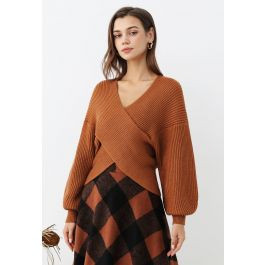 Crisscross Ribbed Knit Crop Sweater in Caramel | Chicwish