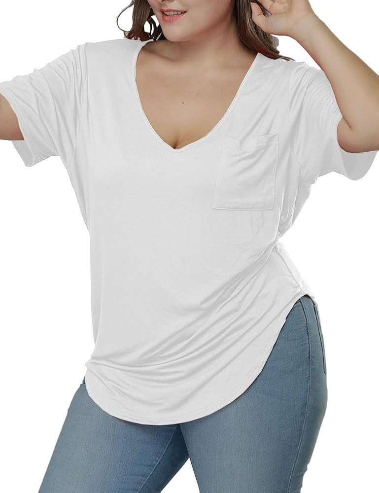 Womens Casual Scoop Collar Plus Size T Shirts Short Sleeve Loose Summer Tops Tee | Amazon (US)
