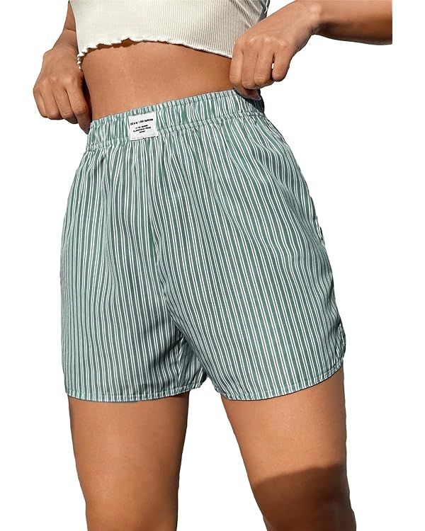 OYOANGLE Women's Summer Casual Striped Print Elastic Waist Mid Rise Straight Leg Shorts | Amazon (US)
