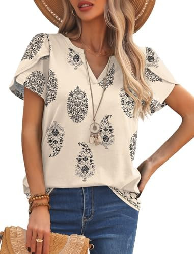 OFEEFAN Boho Tops for Womens Blouses Dressy Casual Petal Short Sleeve Shirts Plus Size Spring Sum... | Amazon (US)