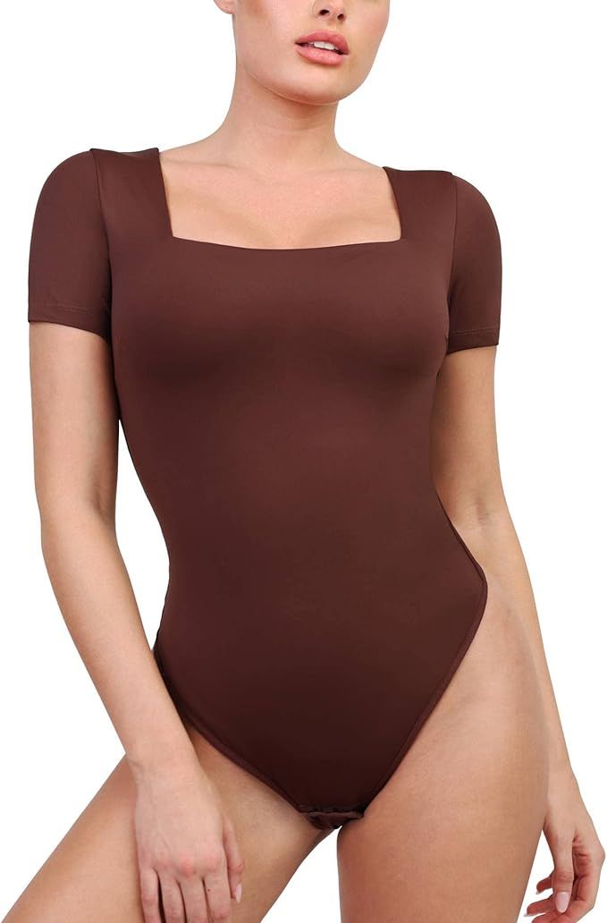 Popilush Bodysuit Tops for Women Square Neck Short/Long Sleeve Double Lined Thong Bodysuit Body-H... | Amazon (US)
