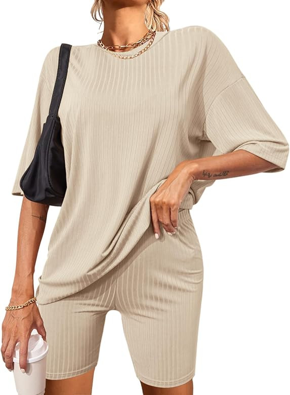 Ekouaer Pajamas 2 Piece Lounge Sets Ribbed Knit Matching Outfits T-shirt Biker Shorts Sleepwear L... | Amazon (US)