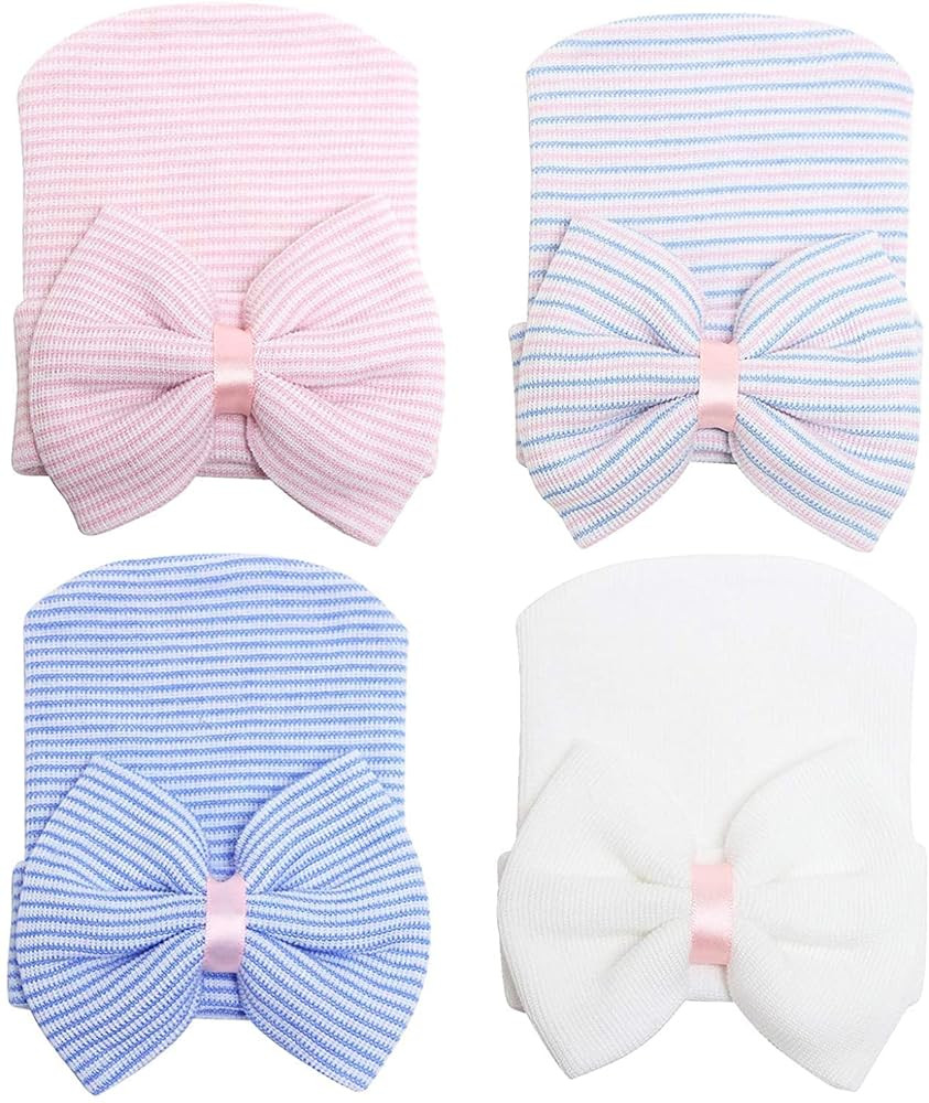 DRESHOW BQUBO 4 Pack Newborn Hospital Hat Infant Baby Hat Cap with Big Bow Soft Cute Knot Nursery... | Amazon (US)