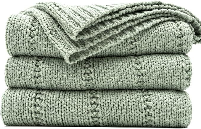 Amazon.com: RECYCO Cable Knit Sage Green Throw Blanket for Couch, Super Soft Warm Cozy Decorative... | Amazon (US)