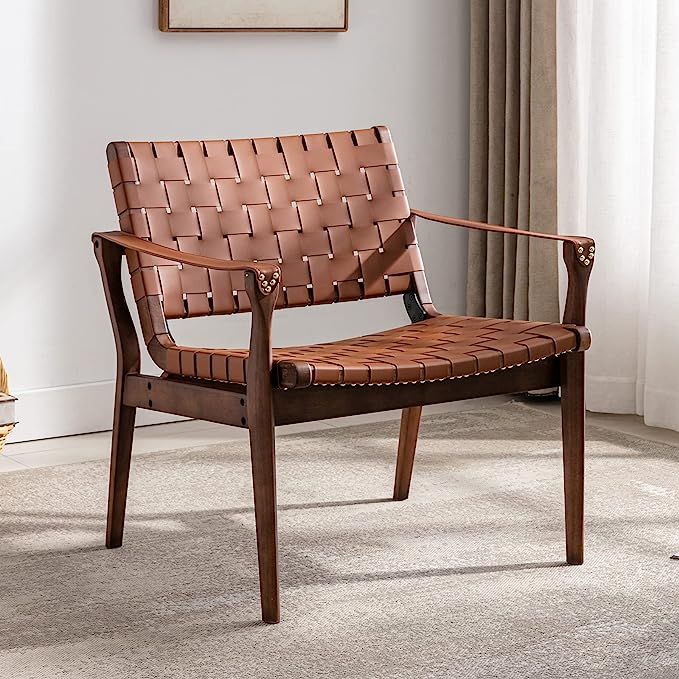 Soohow Low Scandinavian Cognac Woven Leather Chair, Boho All Wood Oak Side Chairs Mid Century Mod... | Amazon (US)