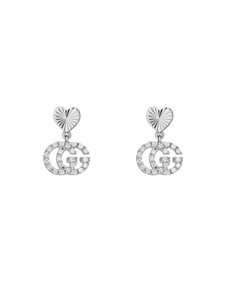 Gucci 18k White Gold Diamond Running G Heart Earrings | Neiman Marcus