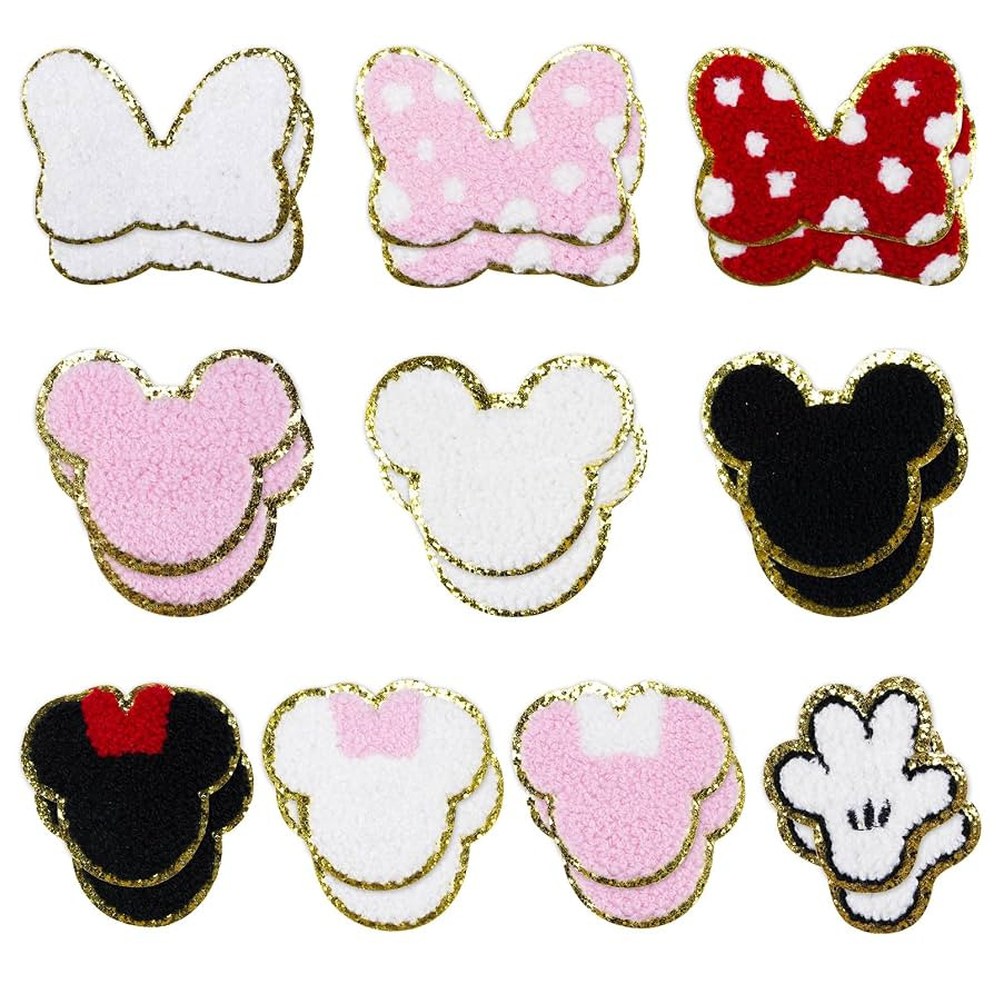20Pcs Mouse Themed Patch, Pink Mouse Chenille Patches Gold Edges Bowknot Iron On Patch for Bags H... | Amazon (US)