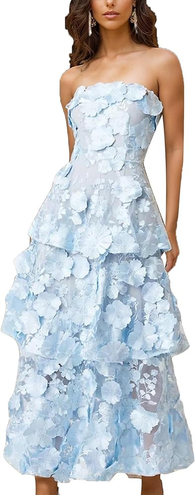 Strapless Ruffle Prom Dresses for Women 3D Floral Embroidery Formal Bridesmaid Party Gown | Amazon (US)