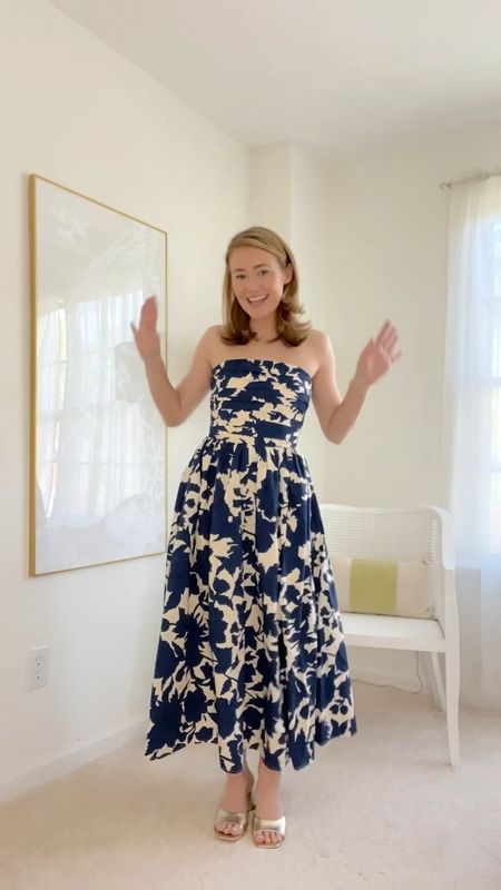 This blue and white floral strapless dress would be perfect for a wedding guest! Wearing an XS  

#LTKwedding #LTKSeasonal