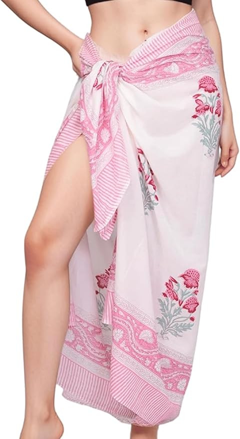 Hand Block Printed Cotton Sarong Wraps for Women – Lightweight Beach Swimsuit Cover Up, One Siz... | Amazon (US)