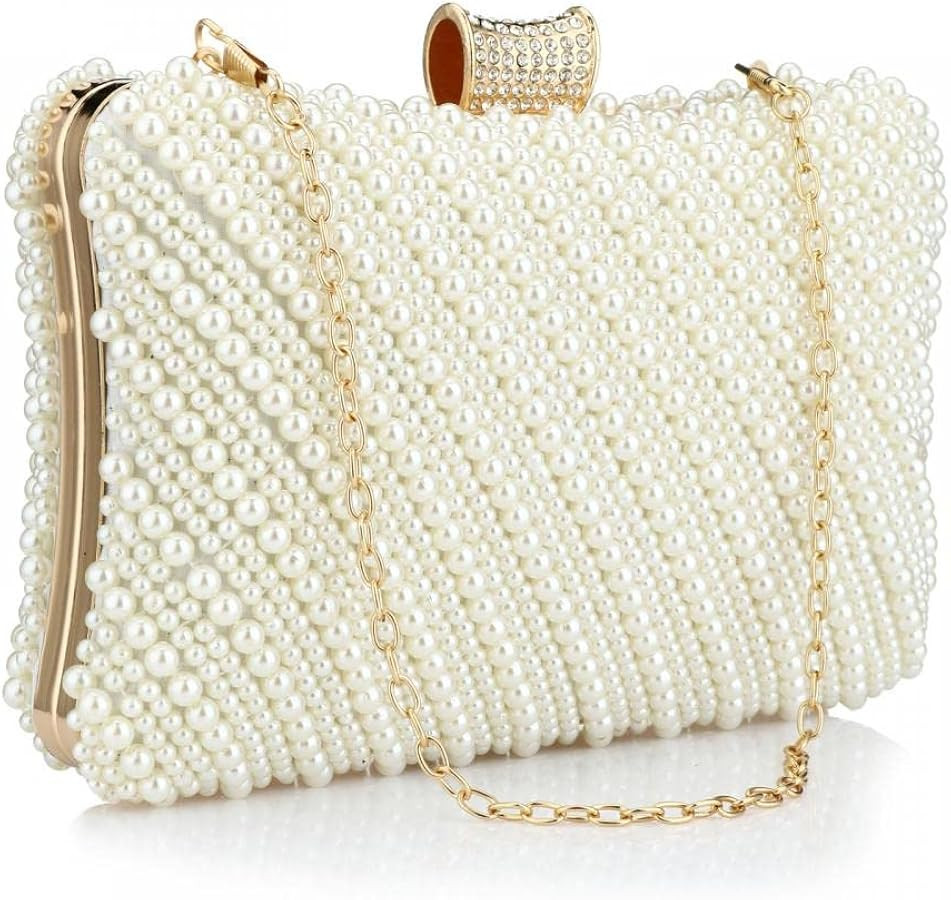 Tmore Women Pearl Clutch Purse Beaded Bride Evening Handbag for Wedding Prom with Chain | Amazon (US)