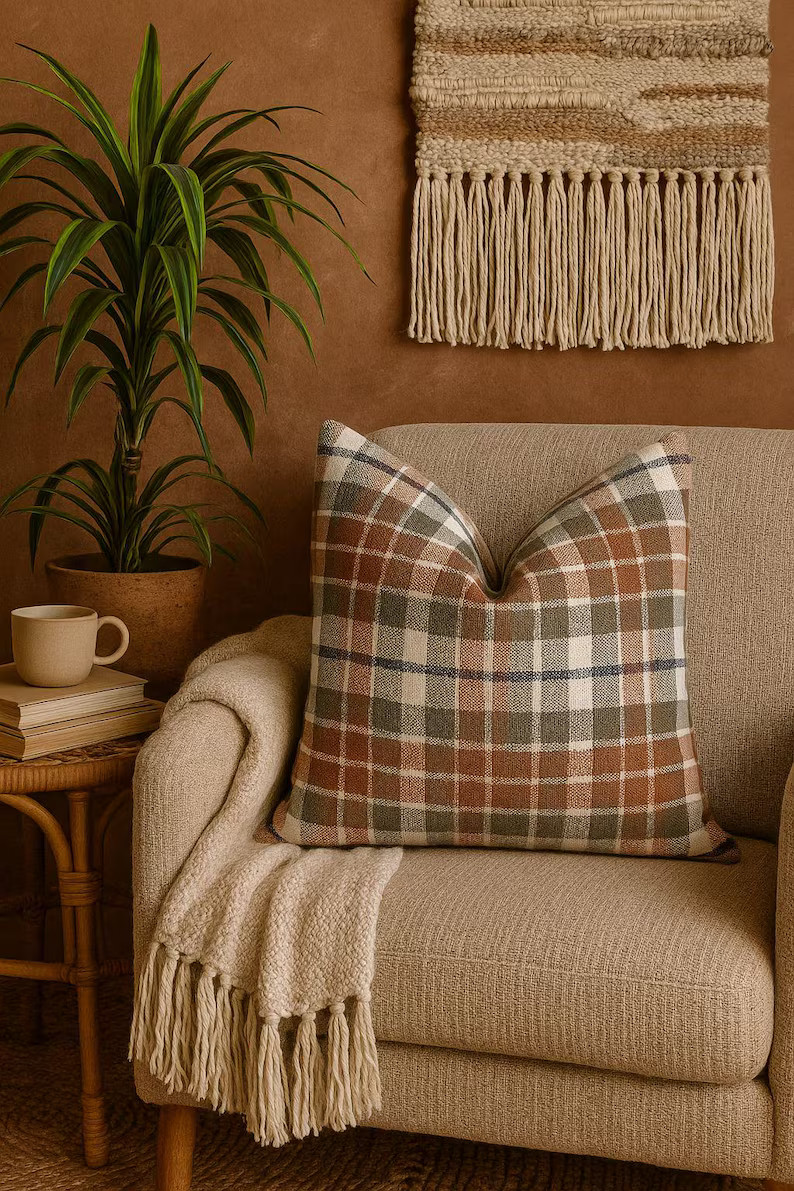 Rustic Plaid Woven Pillow Cover: Farmhouse Autumn Decor, 18x18 Inch - Etsy | Etsy (US)