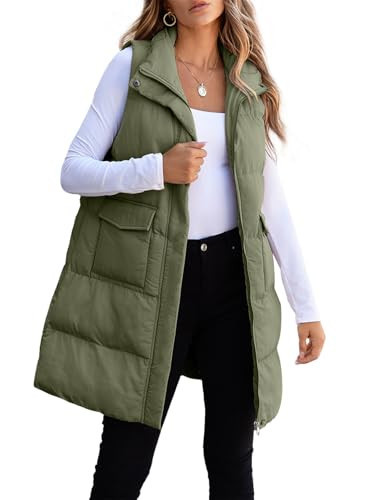 EVALESS Women's Long Puffer Vest Zip Up High Neck Sleeveless Quilted Sleeveless Puffy Vest Jacket with Pockets Sage Green 1x | Amazon (US)