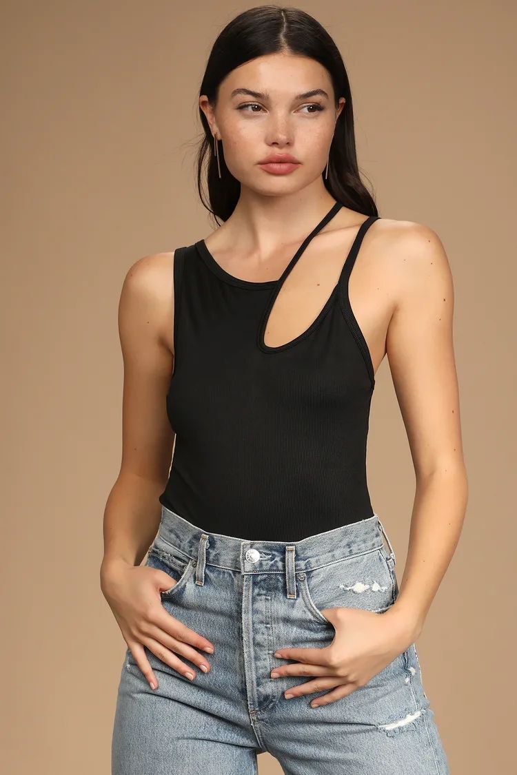 Edgy Lifestyle Black Ribbed Asymmetrical Sleeveless Bodysuit | Lulus (US)