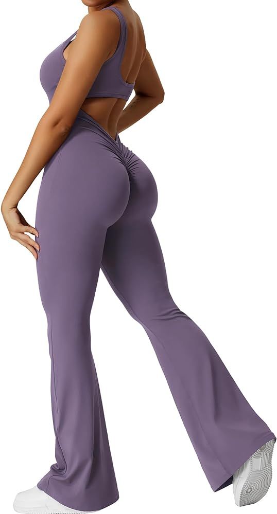 YEOREO Women Workout Flare Jumpsuits Sexy Backless Gym Gym Bodycon Scrunch Butt Yoga Rompers V Ba... | Amazon (US)