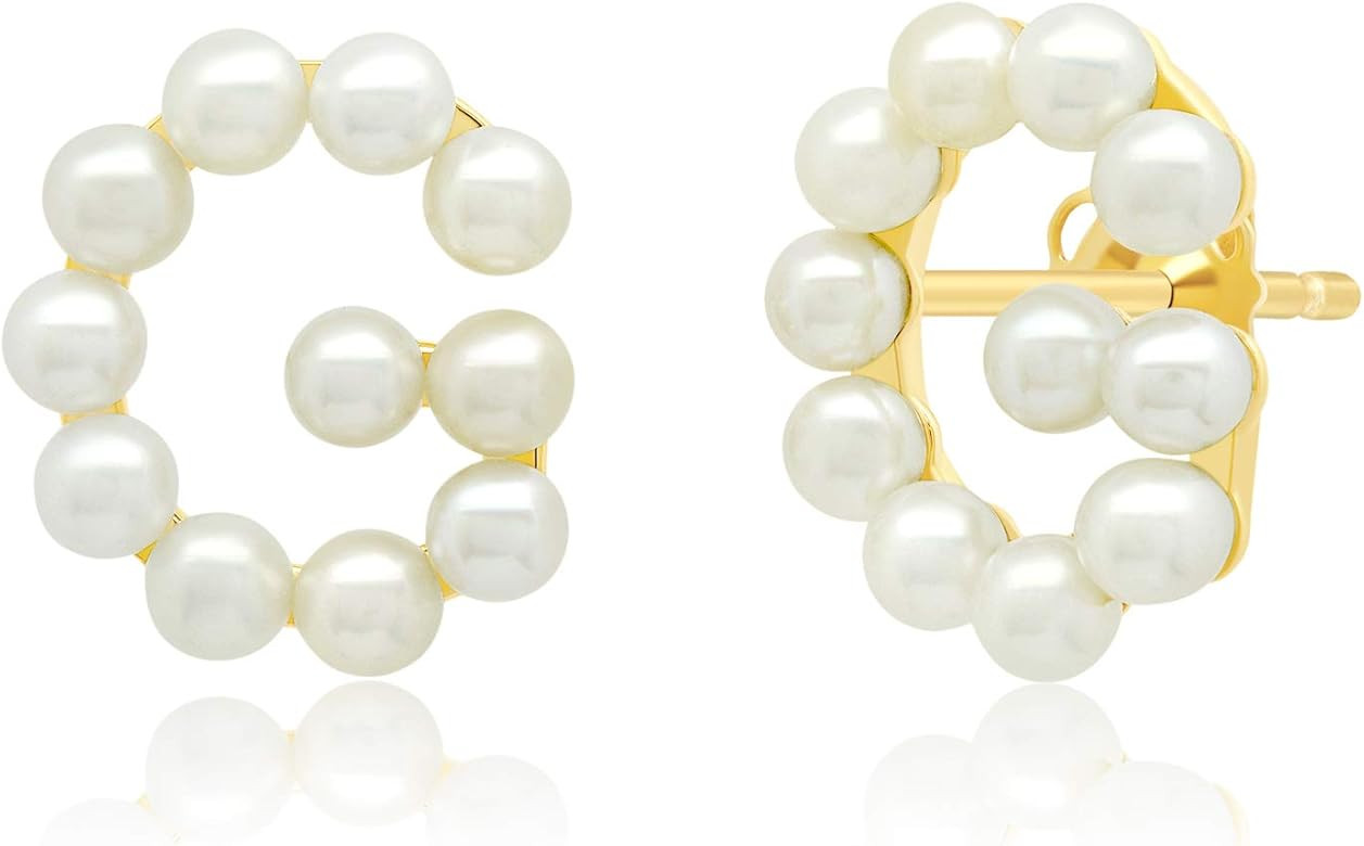 Genuine 14K Yellow Gold Fresh Water Pearl Letter Initial Stud Earrings (2mm Pearls) | Amazon (US)