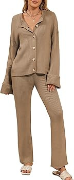 Cakulo Womens 2 Piece Outfits 2024 Lounge Sets Button Sweater Wide Leg Pants Loungewear Matching ... | Amazon (US)