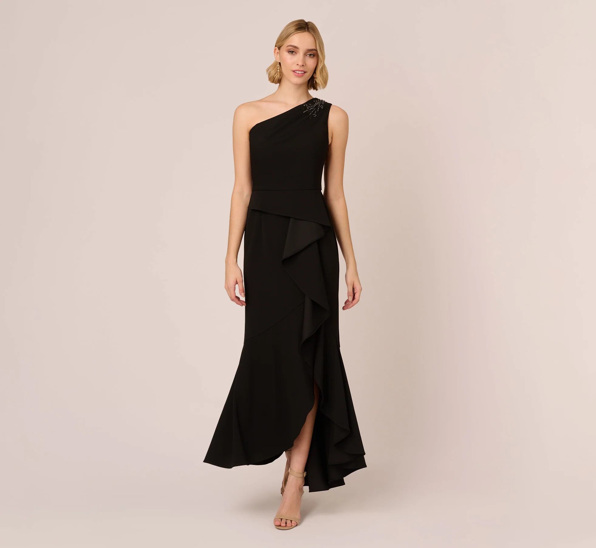 One Shoulder Ruffled Crepe Gown With Beaded Accent In Black | Adrianna Papell