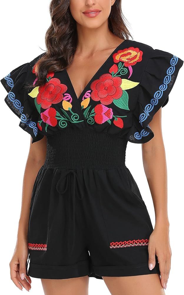 YZXDORWJ Women's Mexican Short Romper Typical Embroidered Floral V Neck Butterfly Sleeve Jumpsuit | Amazon (US)