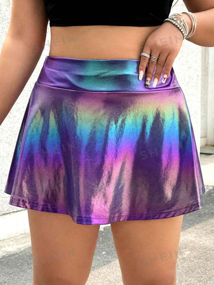 SHEIN ICON Plus Holographic PU Leather Flare Skirt For Summer | SHEIN