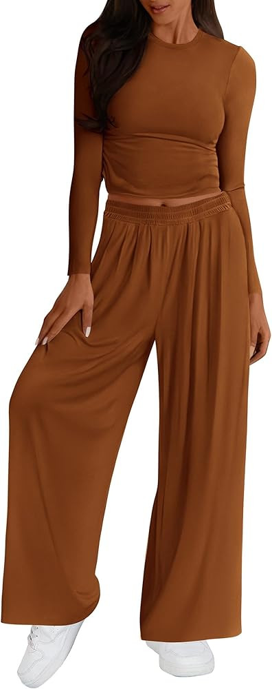 KIRUNDO Womens Two Piece Outfits 2024 Fall Long Sleeve Crop Top Elastic Waist Wide Leg Pants Loun... | Amazon (US)