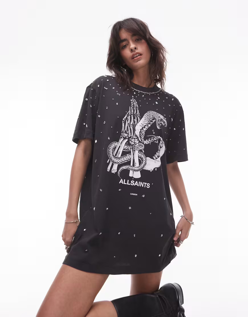 AllSaints embellished T-shirt dress in black | ASOS (Global)