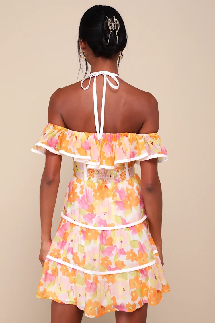 Cutest Instinct Ivory Floral Halter Cold-Shoulder Mini Dress | Lulus