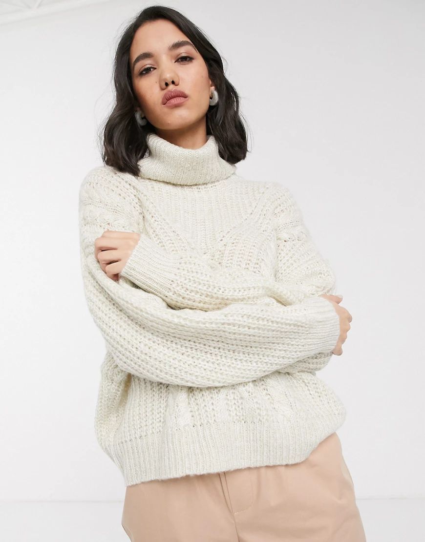 Only chunky cable roll neck jumper in cream | ASOS (Global)