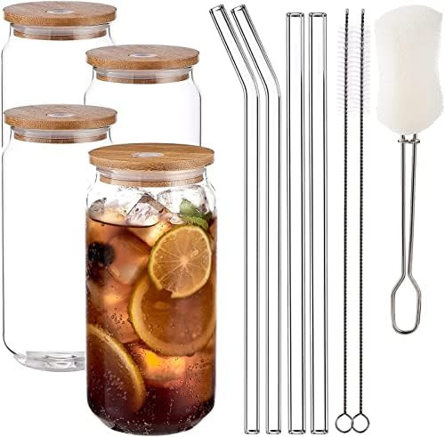 HEFBCOMK 4-Pack 16 oz Beer Can Glass Cup, Iced Coffee Drinking Cups with Bamboo Lid and Glass Str... | Amazon (CA)