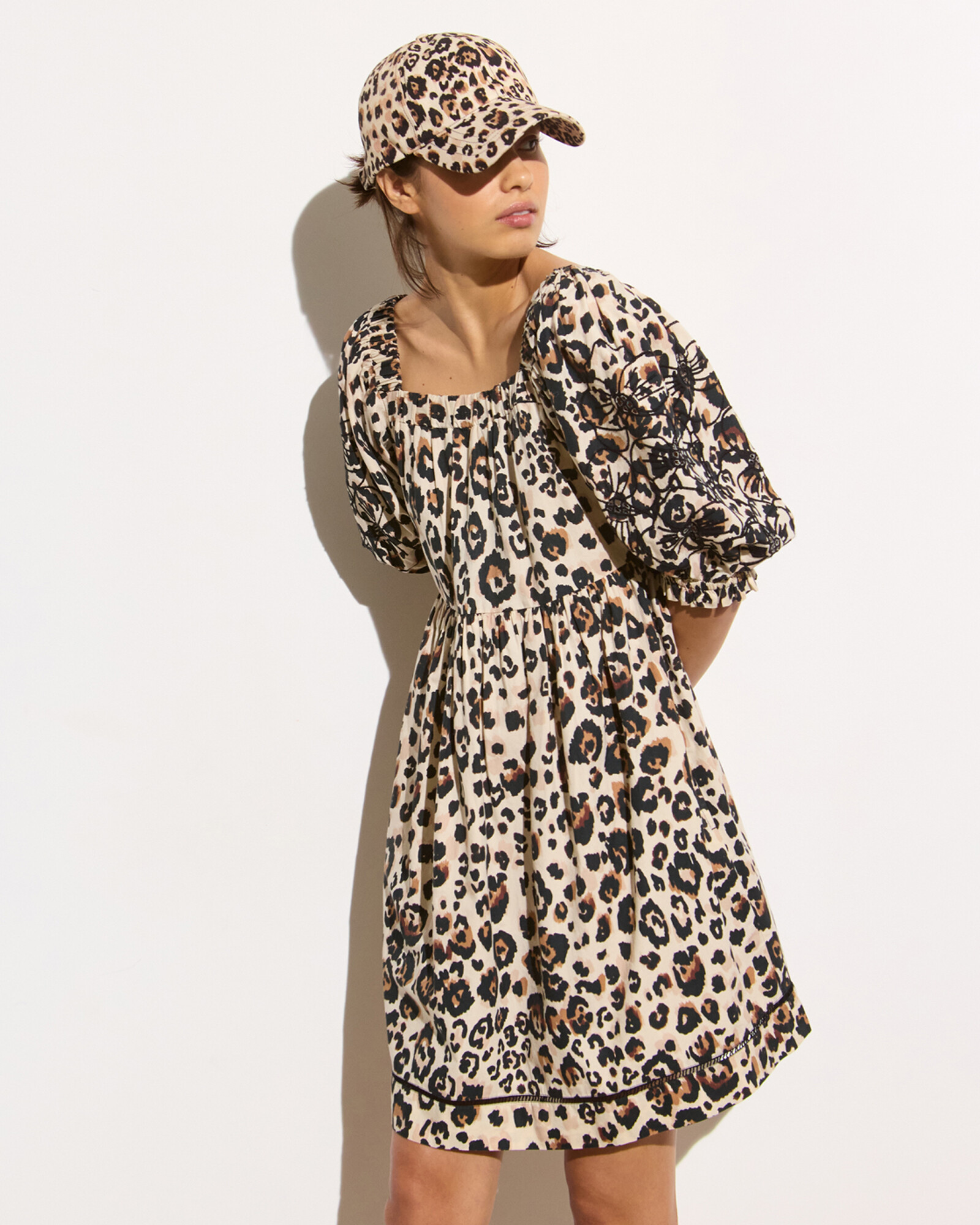 Leopard Print Embroidered Puff Sleeve Mini Dress, size 12 | Oliver Bonas (Global)